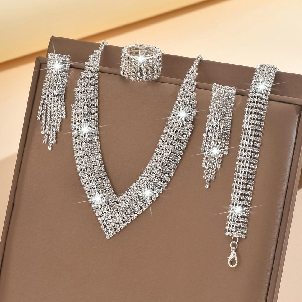Premium Design Full Diamond Super Flash Necklace, Tassel Earrings, Bracelet, Ring Set Bridal Jewelry Set