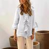 Autumn Solid Color V-Neck Flared Sleeve Leaf Edge One-Row Multi-Buckle Arc Shoulder Top