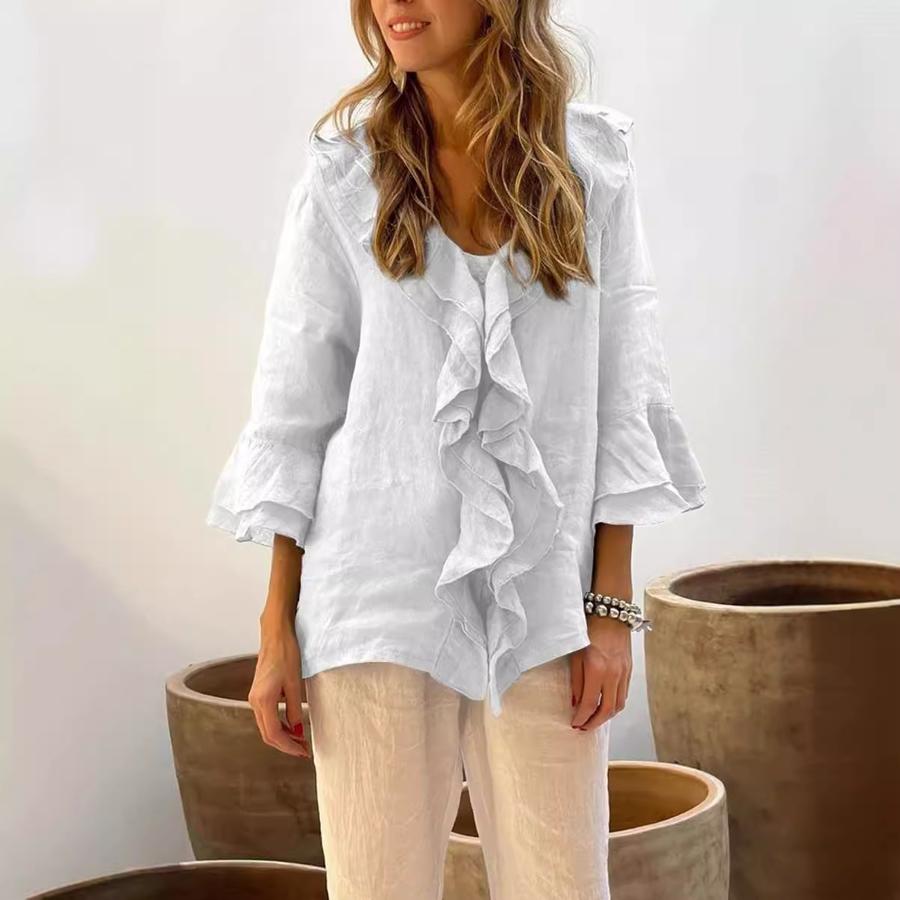 Autumn Solid Color V-Neck Flared Sleeve Leaf Edge One-Row Multi-Buckle Arc Shoulder Top