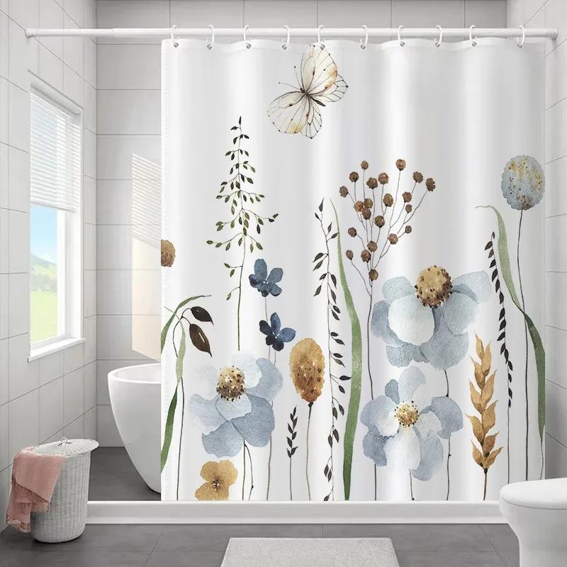 1PC Botanical Flower and Leaf Watercolor Pattern Waterproofing Bathroom Decoration Shower Curtain with Hooks Minimalist Design