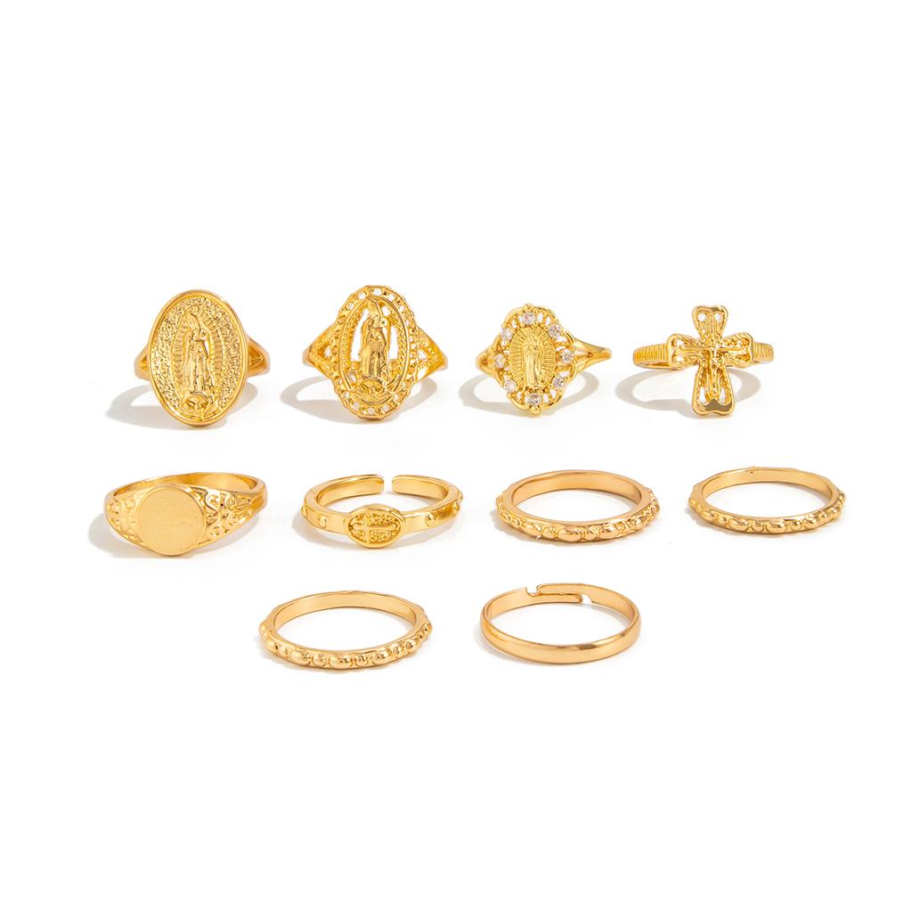 PuRui Punk 10Pcs/Set Gold Color Hollow Out Cross Shaped Rings Finger Women Creative Unique Daily Banquet Zircon Accessories