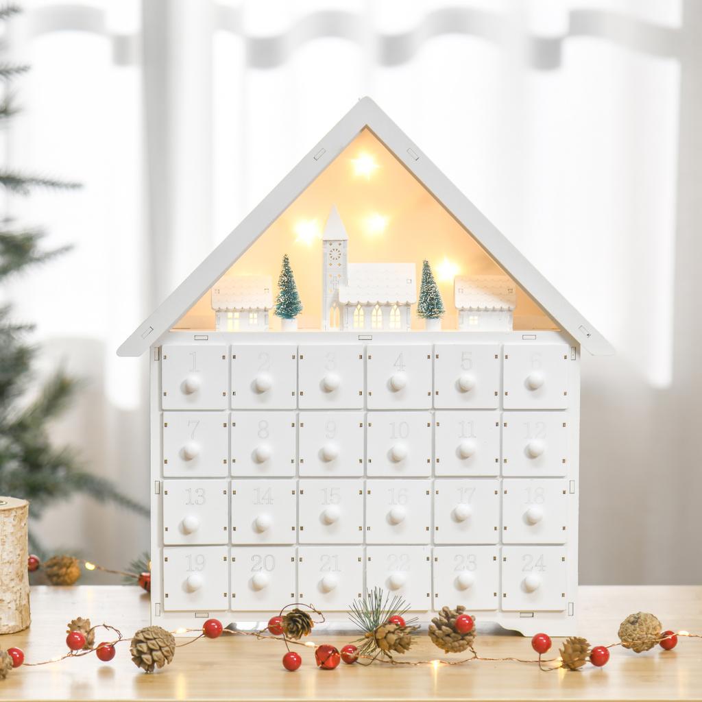 Advent calendar Christmas decoration Christmas decor, 24 drawers, LED lights, 39 cm x 9 cm x 42 cm, white + green