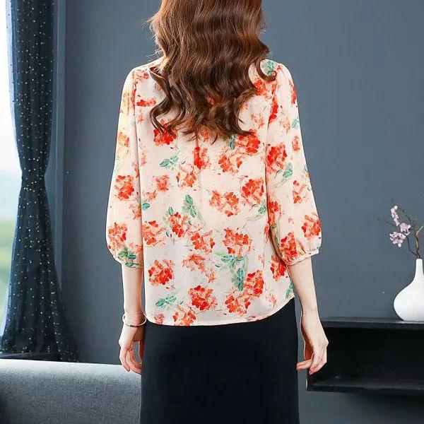 Geblümtes Chiffon-Hemdoberteil für Damen, Frühling/Sommer, bedruckt, schick, süß, lässig, Laterne, halbe Ärmel, Bluse, Blusas