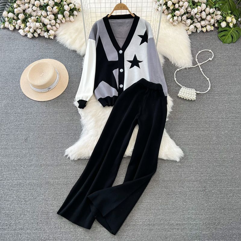 Fashion Suit for Women, Like Long-sleeved V-neck Single-breasted Knitted Jacquard Jacket, Two-piece Set of High-waisted and Thin Wide-leg Pants.