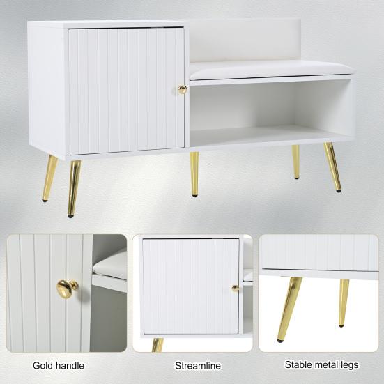 Shoe Cabinet with Storage Space, Padded Bench And Backrest, Shoe Shelf with Metal Handles And Solid Legs
