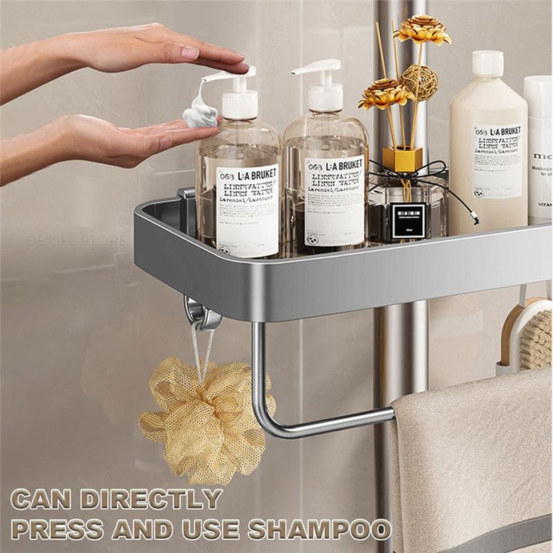 

Good-Aluminum Shower Shelf With Towel Rack, No-Drill Bathroom Organizer, Shampoo And Shower Gel Storage Rack серебряный