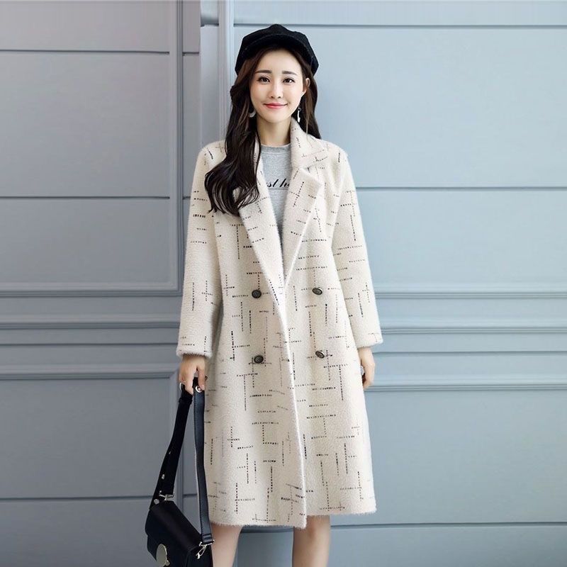 

Women s Medium Long Fashion Temperament Print Coat Winter Warm Loose Casual Versatile Jacket Lapel Double-sided Velvet Outerwear S білий