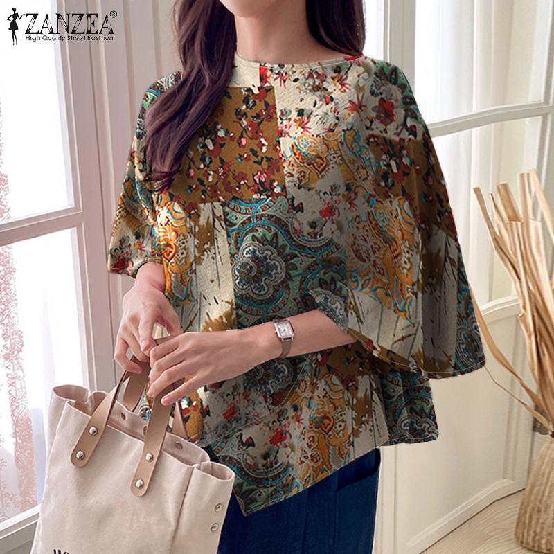 ZANZEA Blusa casual de algodón con cuello redondo y manga dolman con estampado étnico para mujer