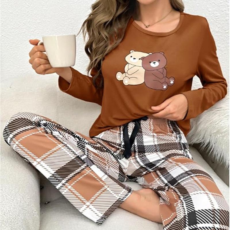 Sexy Nightwear Women Winter Cartoon Bear Long-Sleeved Plaid Trousers Girl Home Wear Two-Piece Set O-Neck Sleepwear Loungewear