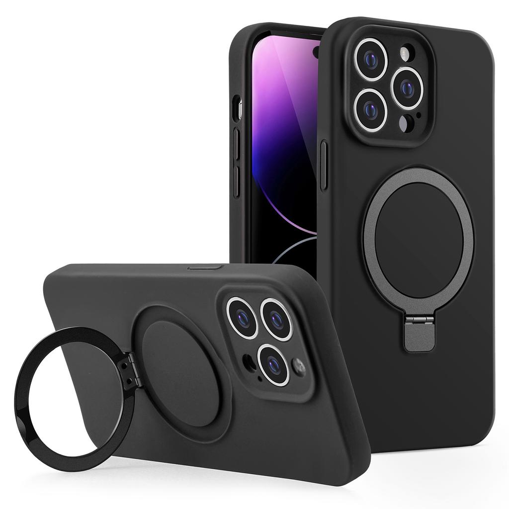 For iPhone 15 Pro Magnetic Case Liquid Silicone Phone Cover Built-In Kickstand Ring Holder