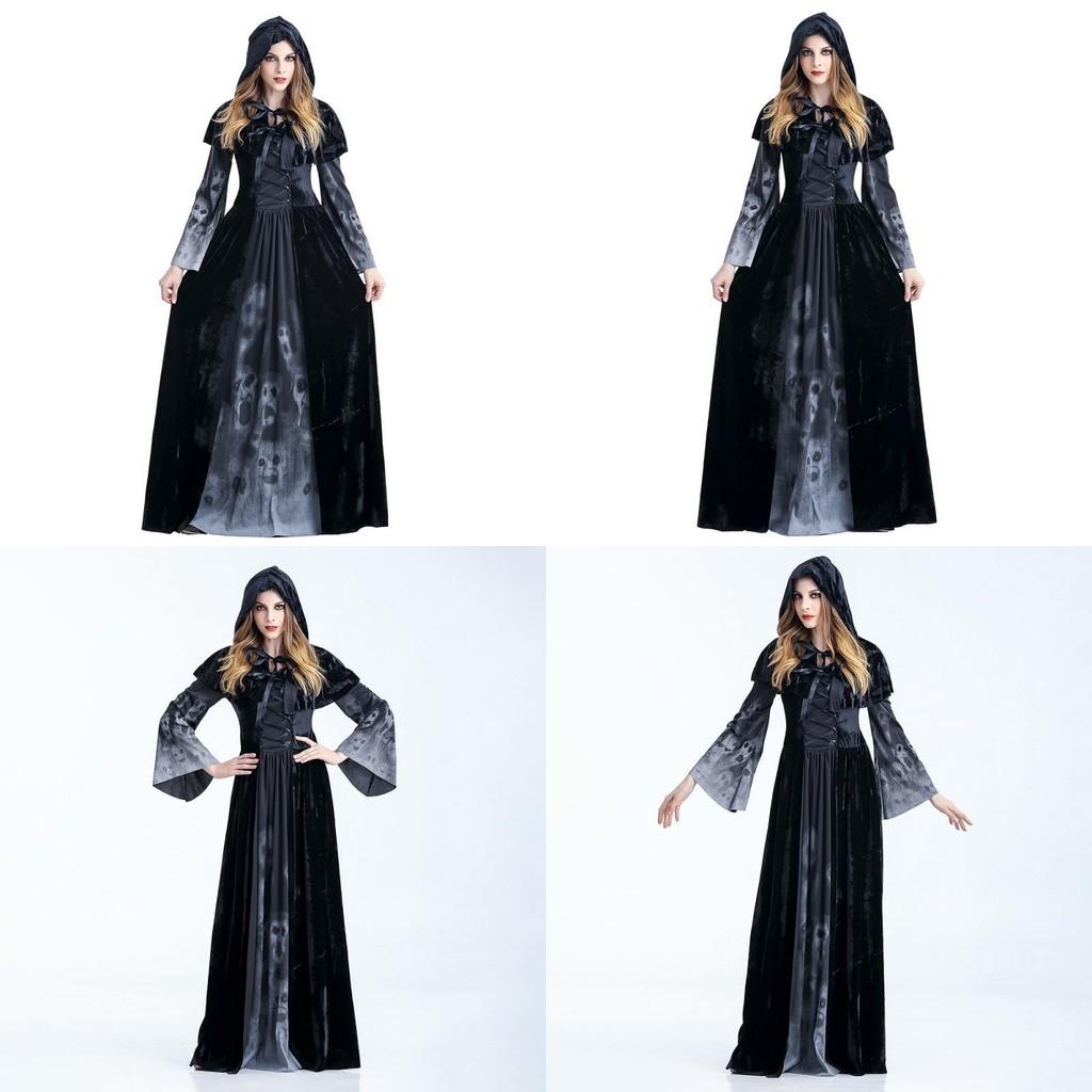 Stylish Halloween Skeleton Print Witch Vampire Costume For Women With Hooded Cloak And Skirt