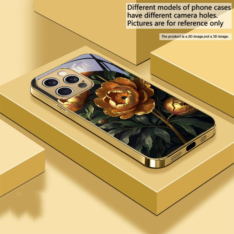 Prosperous Golden Peony For IPhone 17Pro Max 16 17 Pro 15 Pro 14 13 Plus 12 Mini 11Pro Max XR 16E 17 Air Golden glass phone case