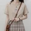 Summer Loose Floral Print Casual Plain T-shirt Short-sleeved Round-neck Top for Women