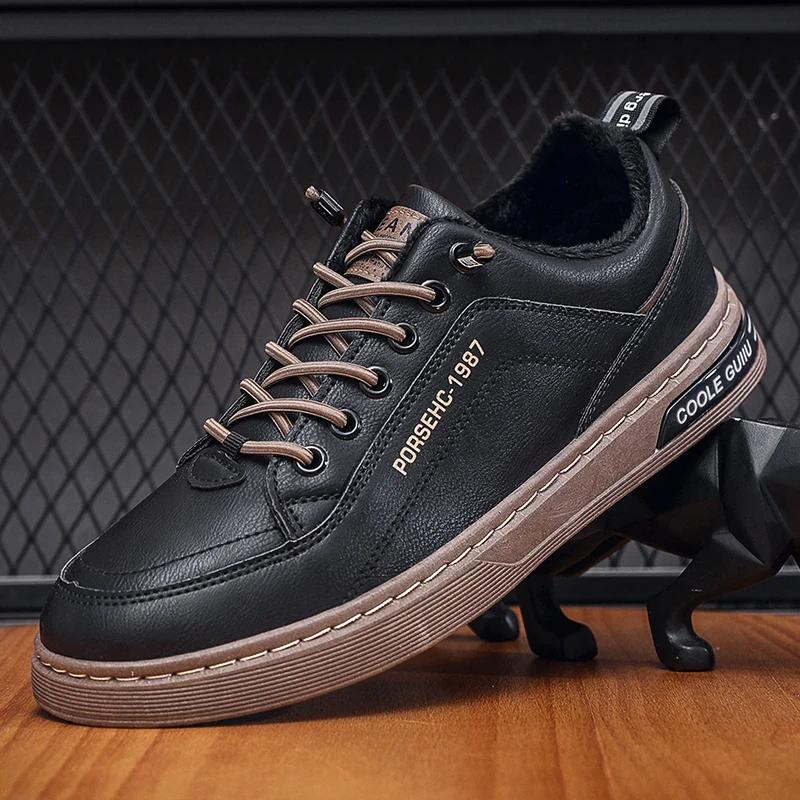 

Модные новые мужские повседневные туфли, спортивная кожаная обувь для мужчин, утолщенная бархатная обувь, модные универсальные белые кроссовки, дышащие, удобные 44 чёрный