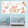 2D Girls Fairy Birthday Tapestry, Watercolor Floral Fairies & Flower House Backdrop, Magical Birthday Decor