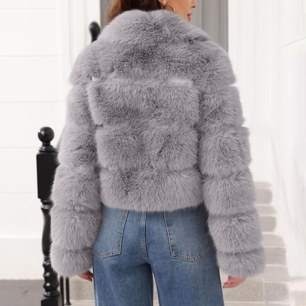 Women's Fashionable Warm Long Sleeve  Solid Color Furry Collar Coat