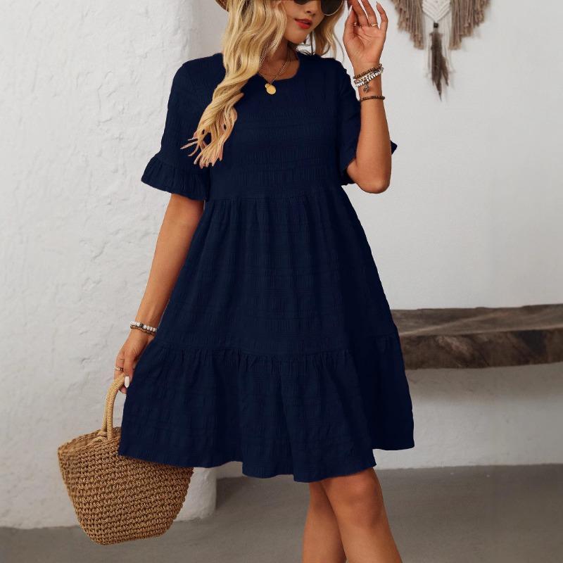 Women's Summer Casual Dress with Crew-neck and Flared Sleeves