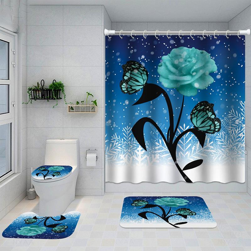 Bathroom Four-Piece Polyester Shower Curtain Rose Series 3D Digital Printing Shower Curtain Bathroom Partition Curtain Shower Curtain