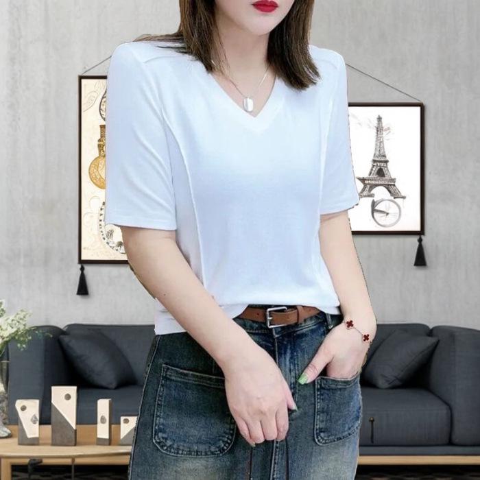 Women's European-Style Ribbed V-Neck Short-Sleeve Slim-Fit T-Shirt, Yellow-Green/Apricot