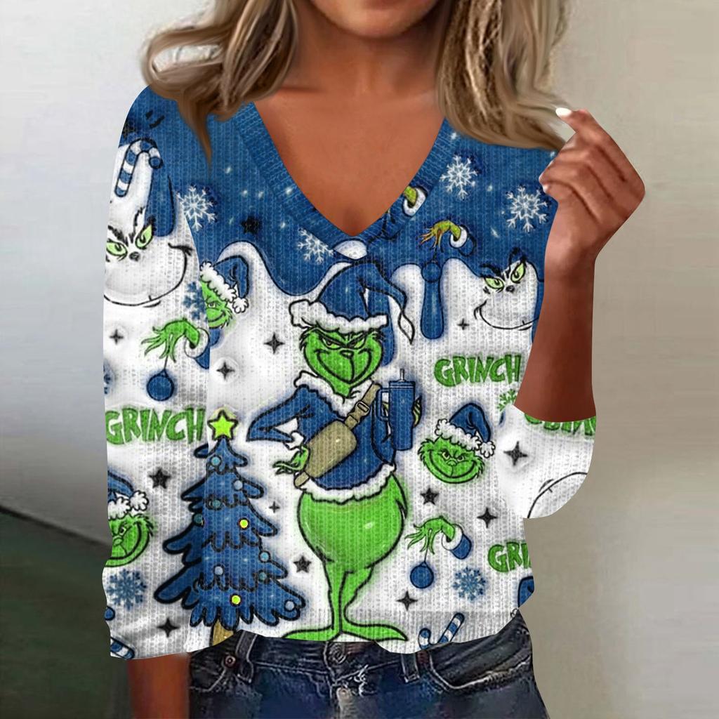 Women's Cute Sweatshirt Knitted Fashion Casual V-neck Long-sleeved  Cozy Print Top