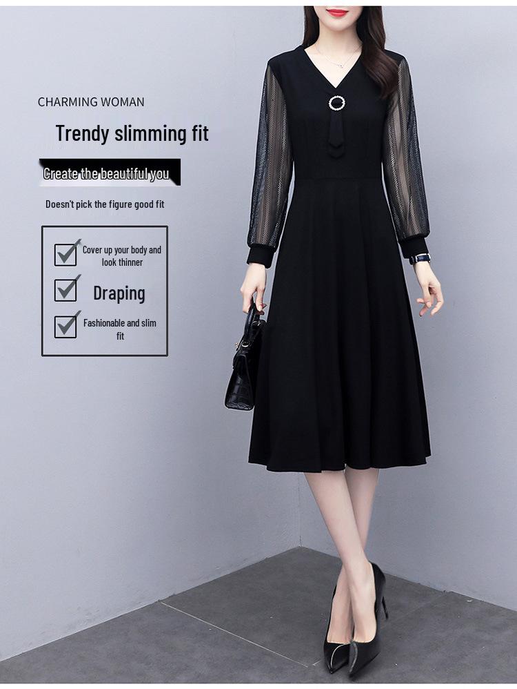 Dream 0121 Plus Size Women's V-Neck Lace Patchwork Dress with Long Sleeves - Slimming, Flattering Black Skirt