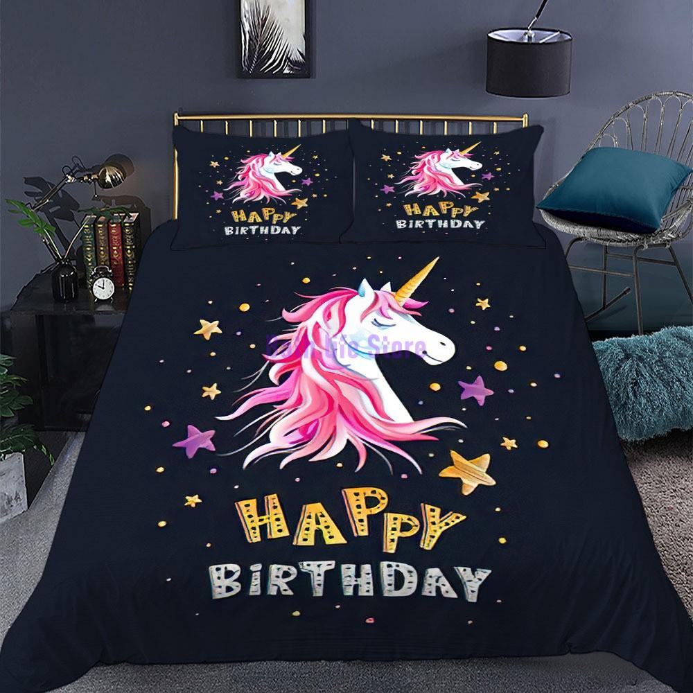 Cartoon Unicorn Lucky Kids Girls Pink Bedding Set Cartoon Duvet Cover Bedcllothes Animal Printed Queen King Size Bed Linens