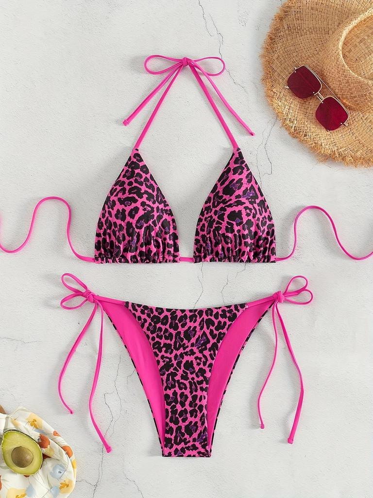 Women’s Leopard Print Bikini Swimsuit, Sexy Halter Backless Tankini Bathing Suit Two-Piece Tie Side Swimwear