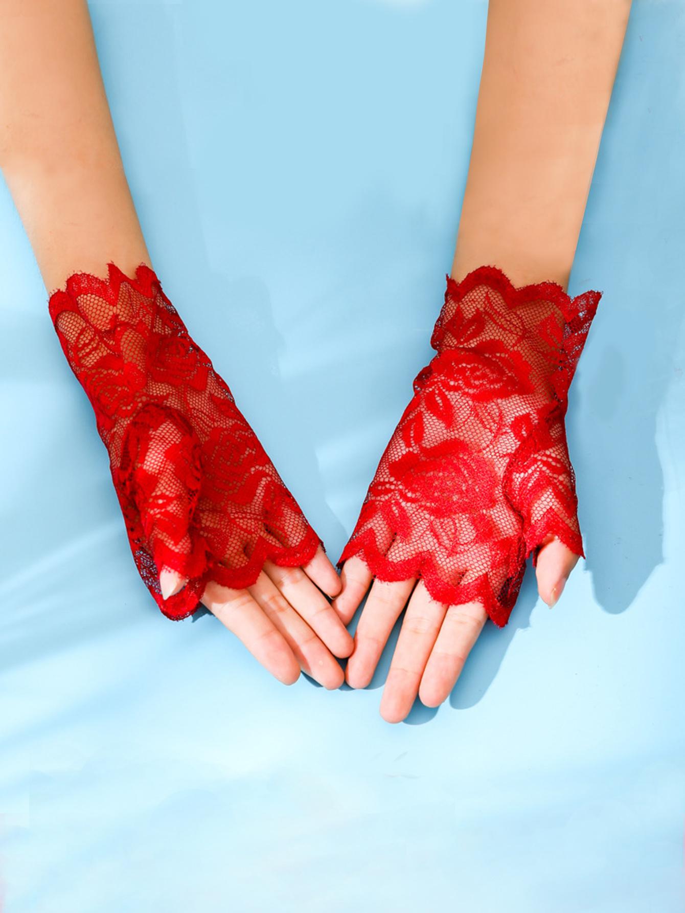 

1 пара черных кружевных перчаток для вечеринки с розовой отделкой, прозрачные, дышащие one-size красный