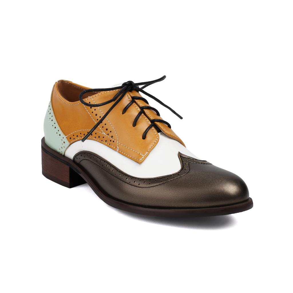 European and American Low-heeled Single Shoes Retro Brock Color Matching Dark-mouth Lace-up  Single Shoes H