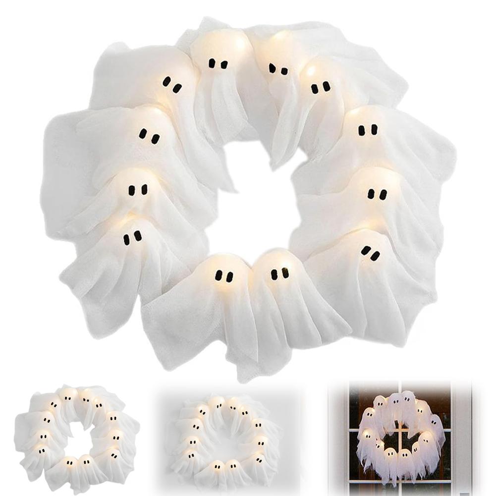 Halloween Light-Up Ghost Wreath Front Door Decoration Hanging Ornament Halloween Ghost Wreath Interior and Exterior Decoration
