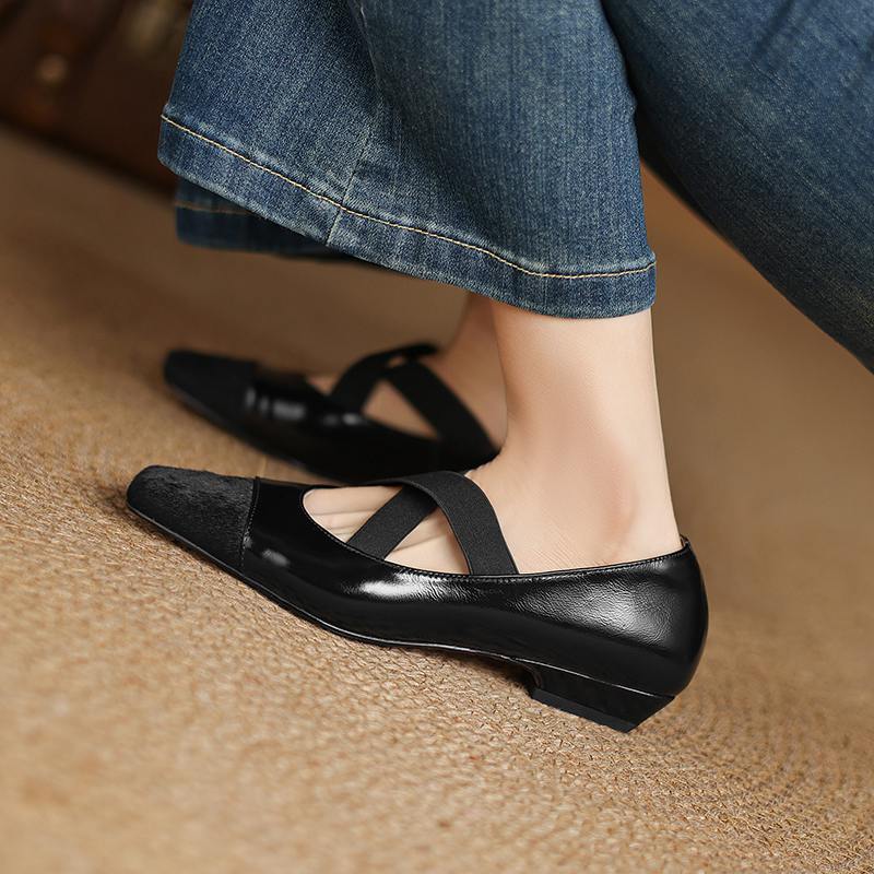 Krazing Pot Cow Skin Spring Summer Size 41 Horsehair Thick Low Heels Women Square Toe Basic Clothing Shallow Pumps