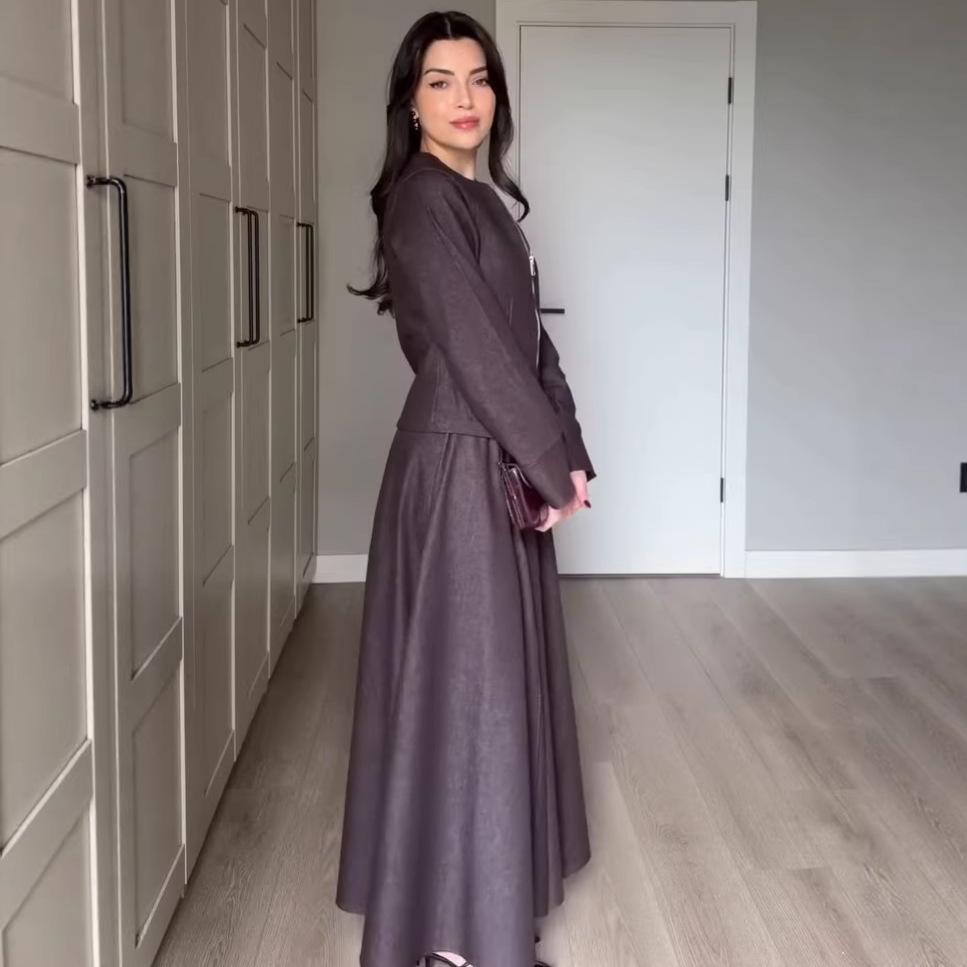 Cross-border European and American women's clothing Amazon crew neck zipper long-sleeved slim top fashionable big swing dress