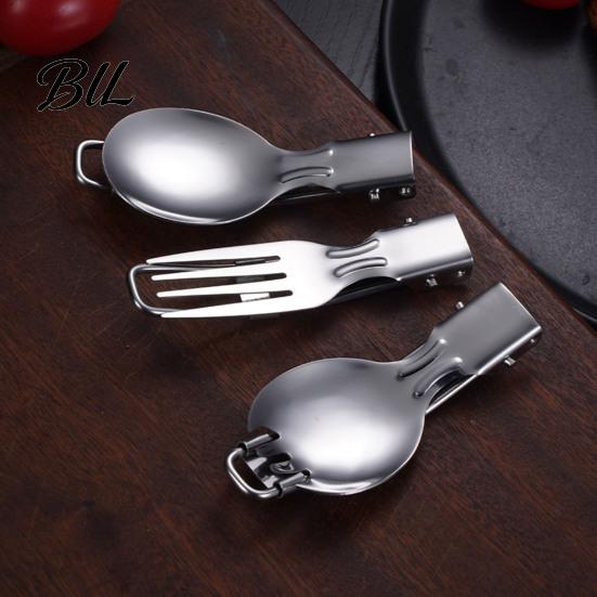 Corrosion Resistant Utensils Stainless Steel Folding Spoon Fork Cutter Straw Brush Foldable Flatware Outdoor Camping Picnic Hiking Collapsible Cutlery
