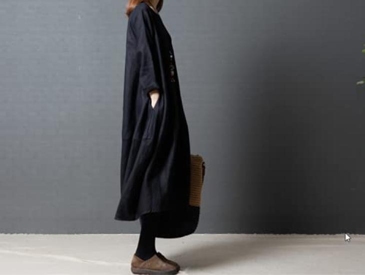 Cotton Linen Long Solid Color Round Neck Fashion for and Plus Size Dress [JINJUDUO] Loose-fitting Dress, Spring, Summer, Fall, (Black, M)