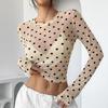 Womens Polka Dots Long Sleeve Mesh Tops Sexy See Through Sheer Blouses Shirts Going Out Crop Top Y2K Date Night Club Party Tops