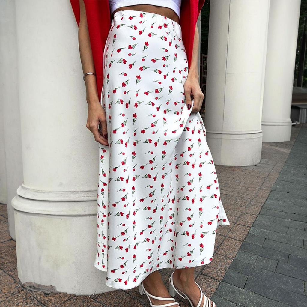 Spring Women's Elegant High Waist A-line Mermaid Hem Floral Cherry Print Skirt Vintage Crossborder European American Style Skirt