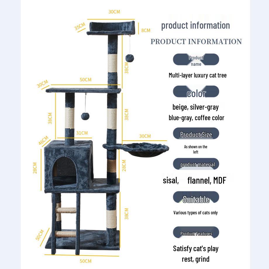 Velvet Cat Tree: Large Climbing Frame & Bed for Cats and Kittens, Space-Saving Design for All Seasons