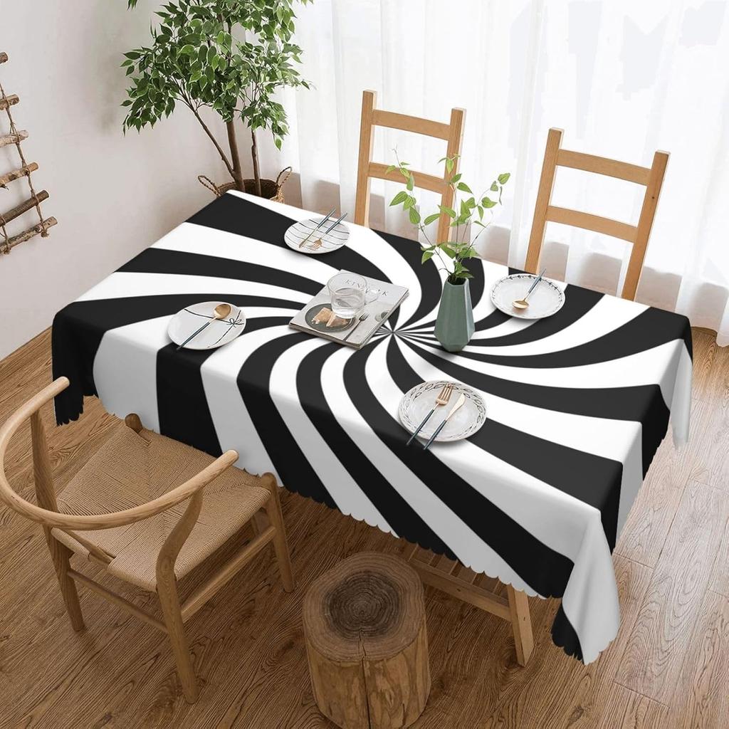 Funny Swirl Stripes Black White Tablecloth, Modern Geometric Rectangular Washable Table Cover for Dining Kitchen Party