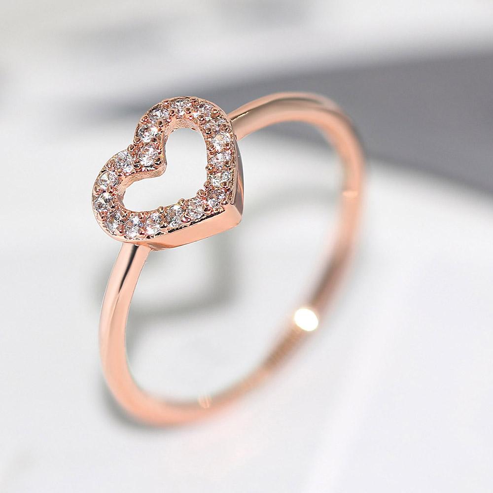Double Fair Heart Rings For Women Female Rose Gold Color Zircon Party Daily Female Women's Midi Rings Fashion Jewelry R916