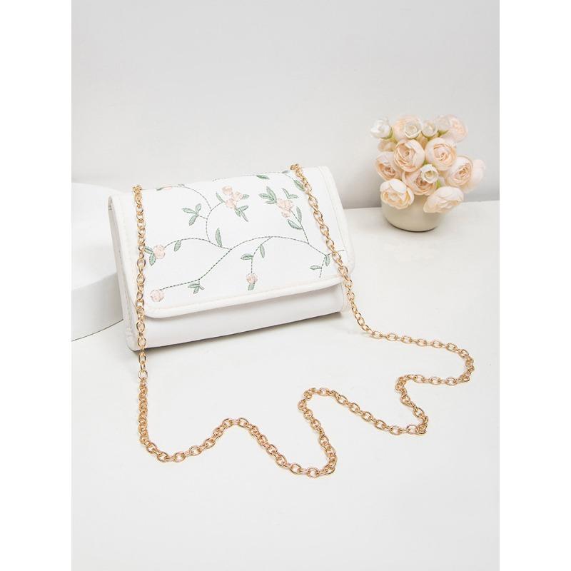 New sweet flower embroidered small square bag simple and fashionable women's chain messenger bag shoulder bag mobile phone bag
