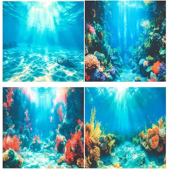 4 Pack Aquarium Background Polyester 30 x 18 Inch Cloth Fish Tank Background Undersea Corals Sunshines Rock Aquatic Plants Wallpaper with