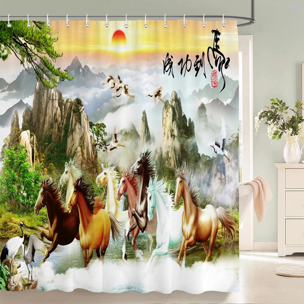 Chinese style Natural Waterfall landscape Shower Curtains Bathroom Curtain Waterproof Polyester Horse Bath Curtain with Hooks
