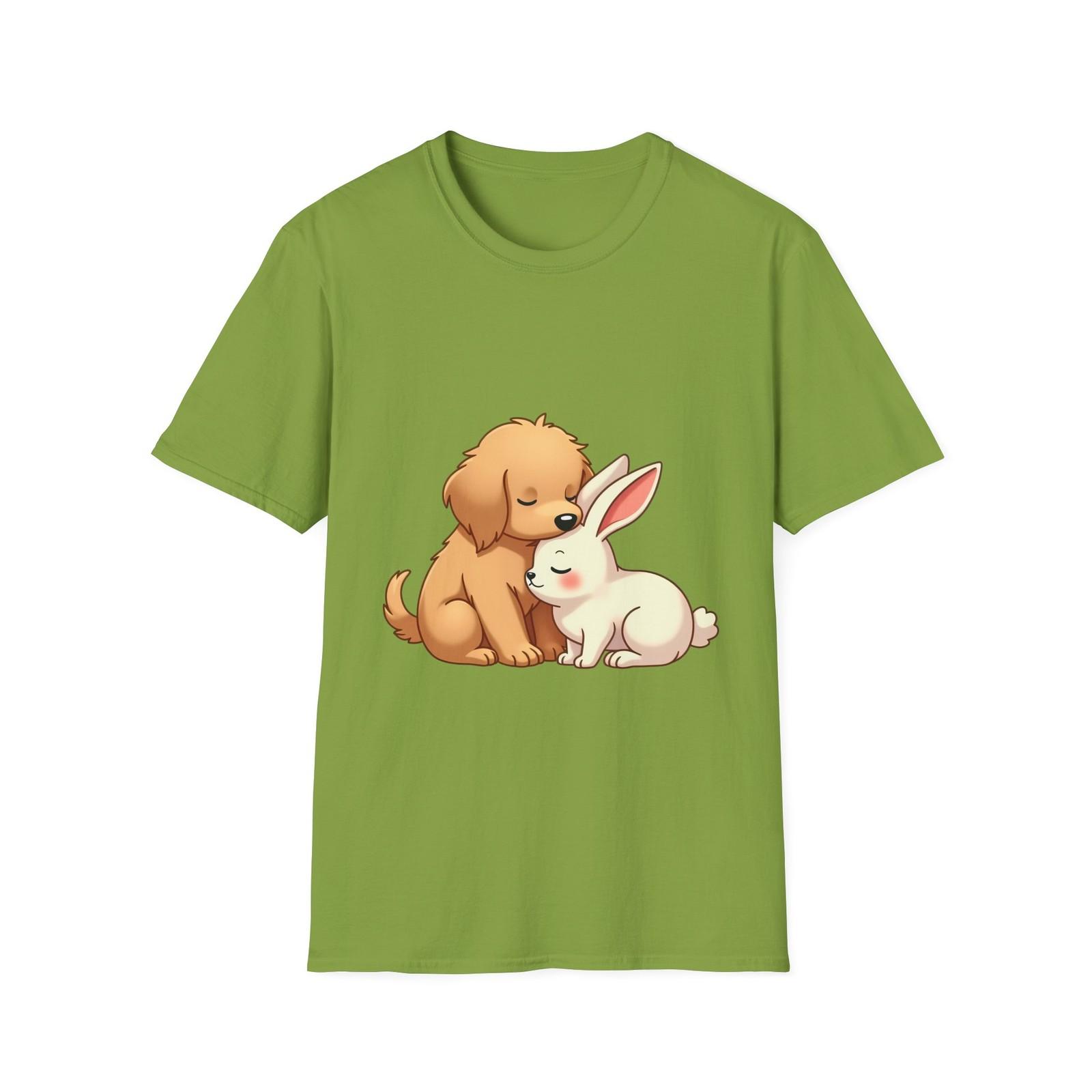 Unisex Softstyle Sleeping Puppy and Bunny T-Shirt Mens Womens Tees Top | Cute Friendship | Easter S