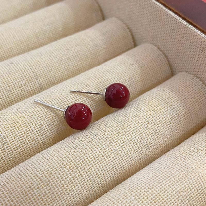 Simple Red Round Bead Earrings for Women with Versatile White and Fashionable Temperament Multi-size Earrings