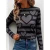 Women's Long-Sleeve T-Shirt Autumn Striped Heart Print Street Style Casual Crew Neck Pullover Loose Fit Outdoor T-Shirt