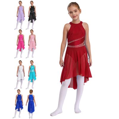 Body da balletto lirico per bambina senza maniche con strass lucidi, costume da ballo latino moderno contemporaneo