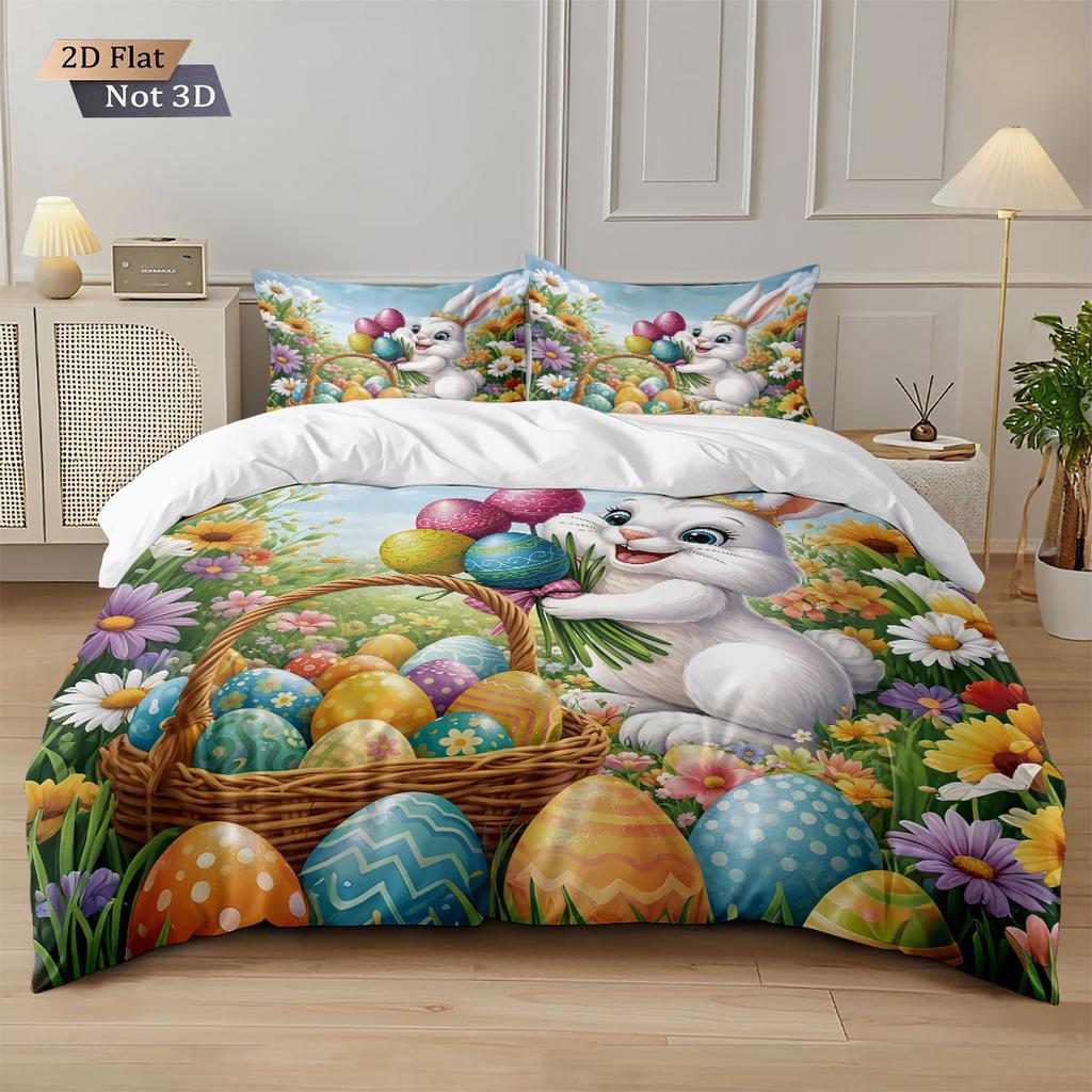 3pcs Easter Happy Cute Rabbit Easter Egg Printed Chipless Quilt Set Multi Size Bedding Decoration Comfortable Machine Washable