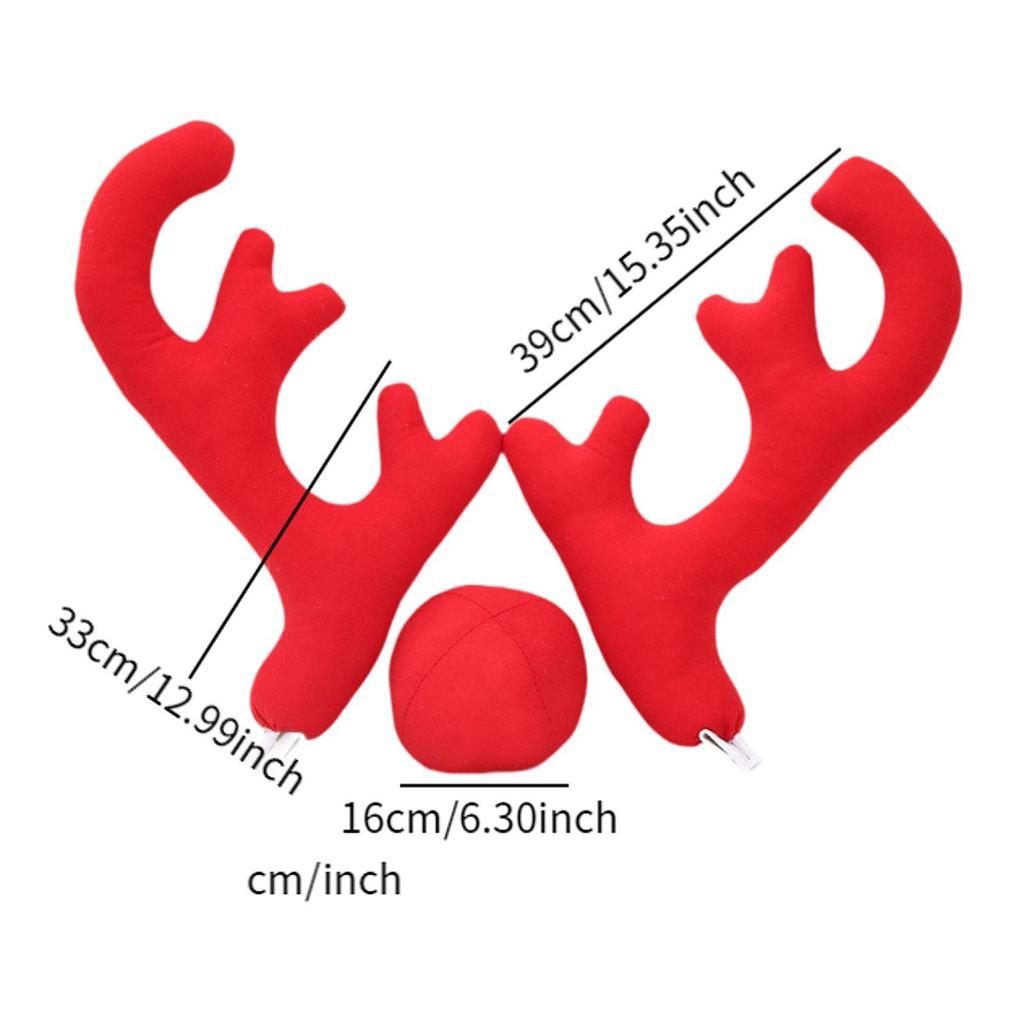 Xmas Reindeer Antlers with Red Nose Car Ornament Set Holiday Accessory Premium Material Lovely for Grille and Window Decoration