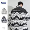 Men's Winter 2025 Wave Pattern Color Block Thick Cotton Jacket with Velvet Lining