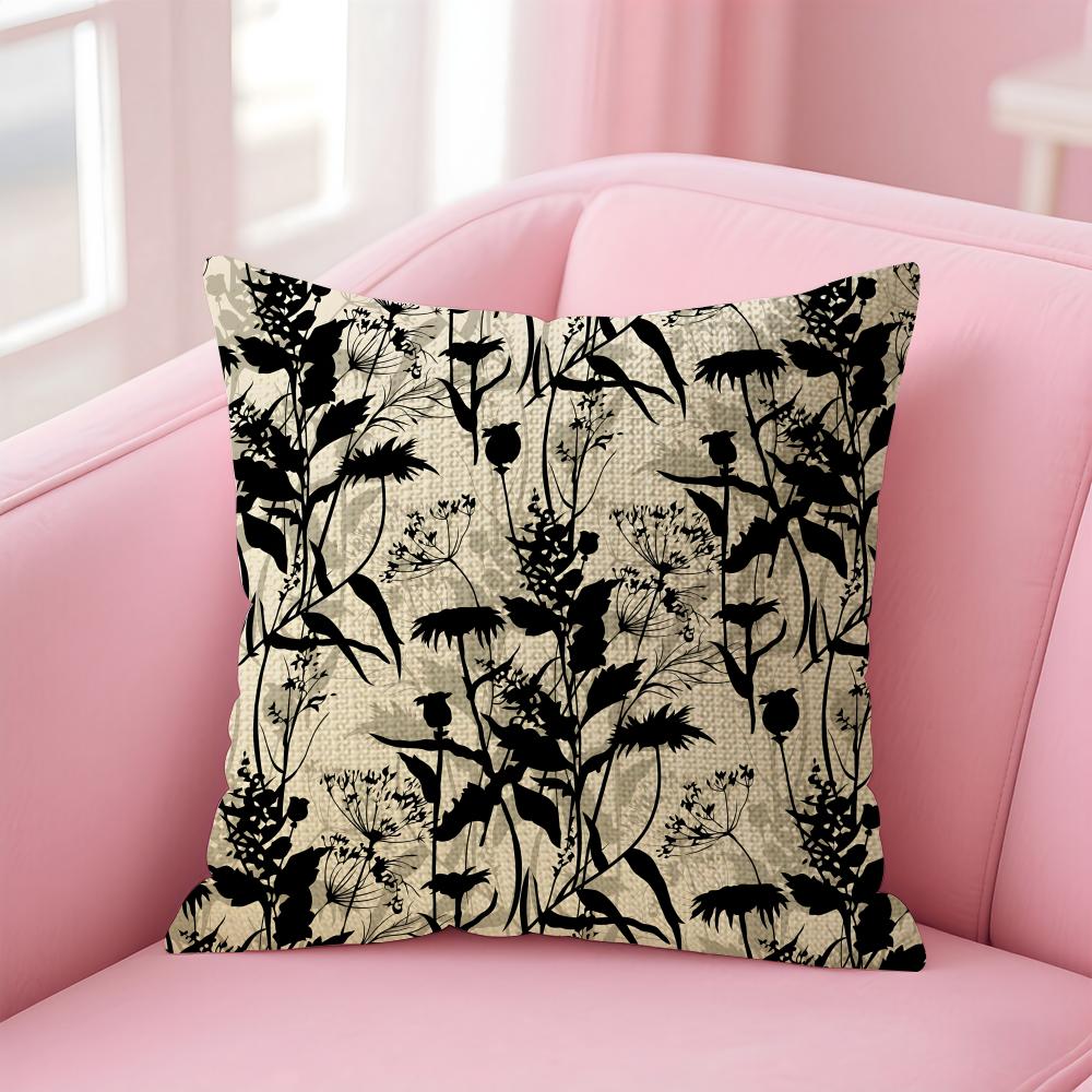Black Ink Flower Cushion Cover Natural Linen Pillow Case DoubleSided Print Decorative Sofa Pillowcase Home Decor Gift